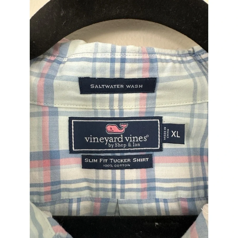 Vineyard Vines Shirt Men XL Slim Fit Tucker Blue Pink Plaid Button Down
